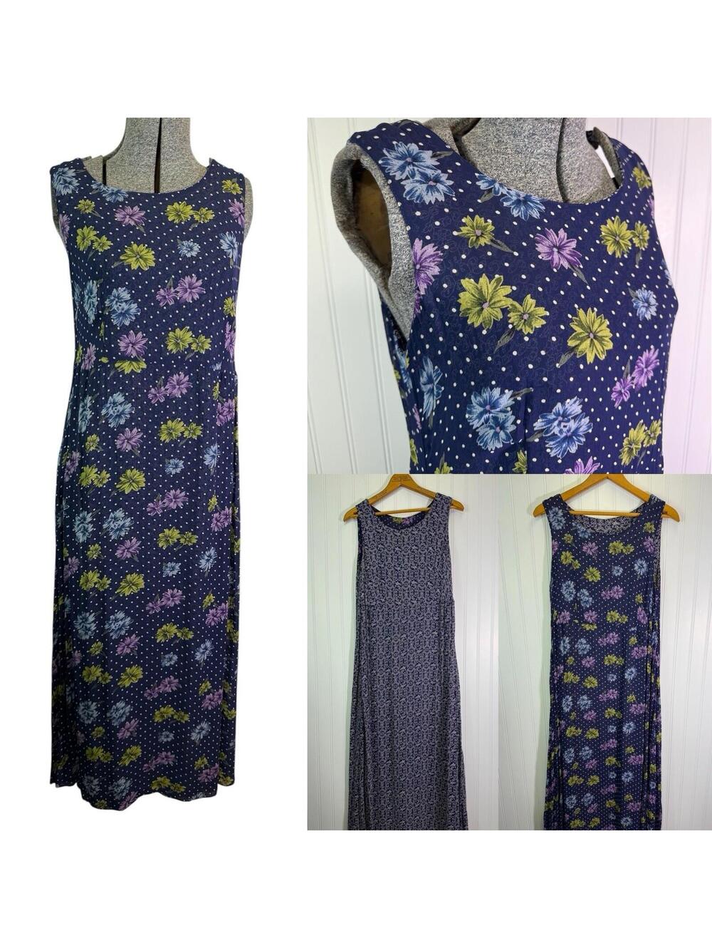 VINTAGE 90s SAG HARBOR Reversible Floral Maxi Dress S Polka Dots Blue Sleeveless